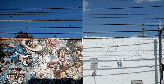 GIF of first mural being covered over by image of same wall painted white.